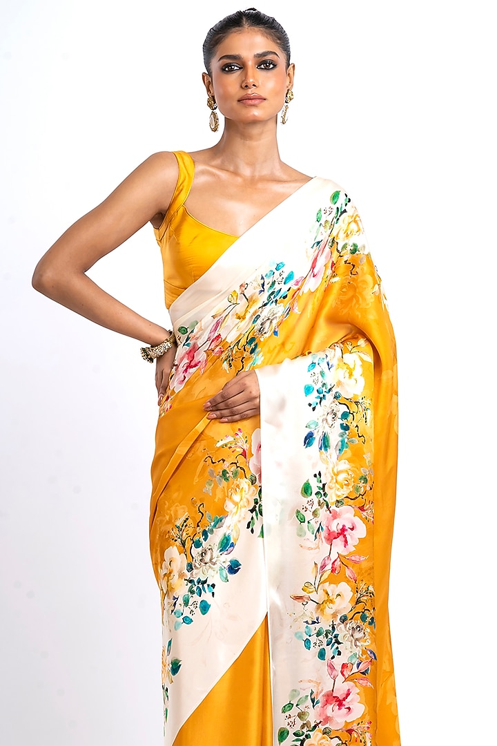 Orange Pure Satin Silk Floral Party Wear Saree by Studio 113 at Pernia's Pop Up Shop
