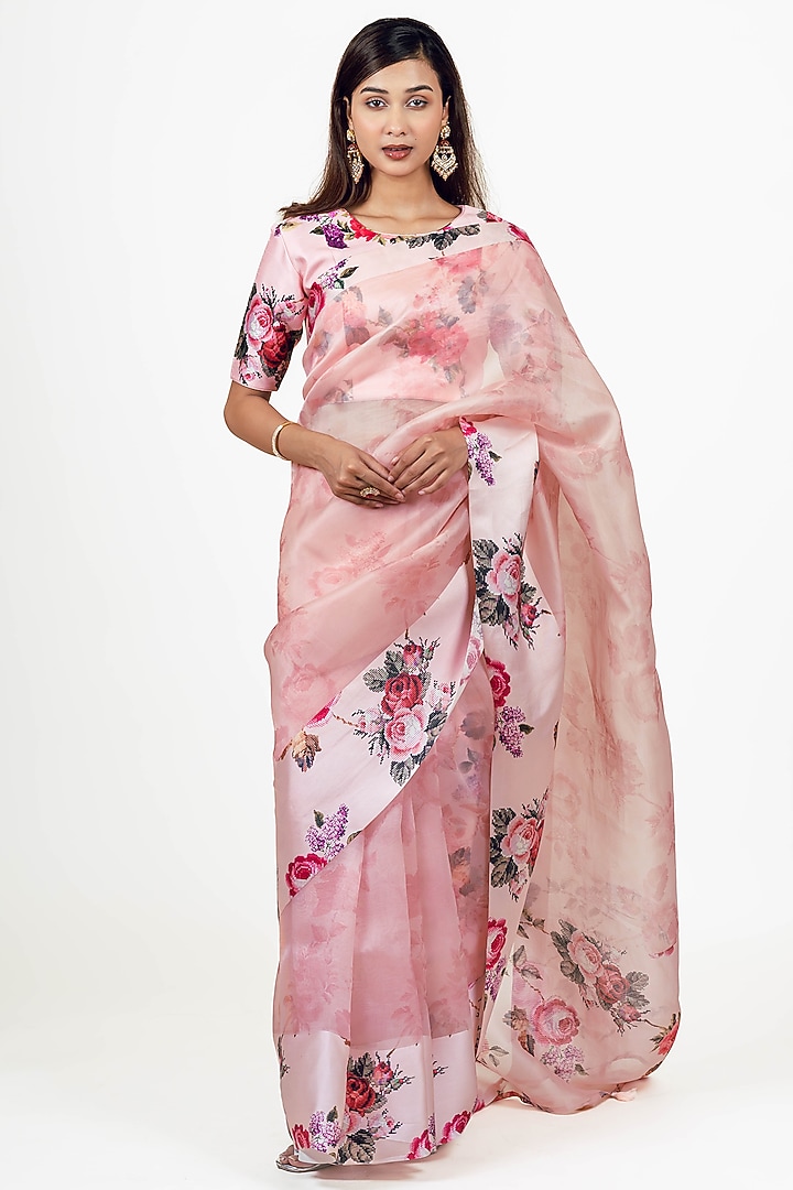 Pink Organza Floral Printed Party Wear Saree Set by Studio 113 at Pernia's Pop Up Shop