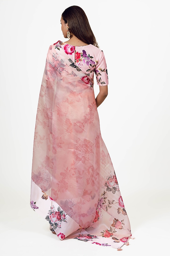 Pink Organza Floral Printed Party Wear Saree Set by Studio 113 at Pernia's Pop Up Shop