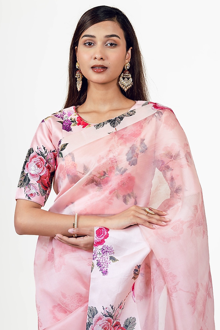 Pink Organza Floral Printed Party Wear Saree Set by Studio 113 at Pernia's Pop Up Shop