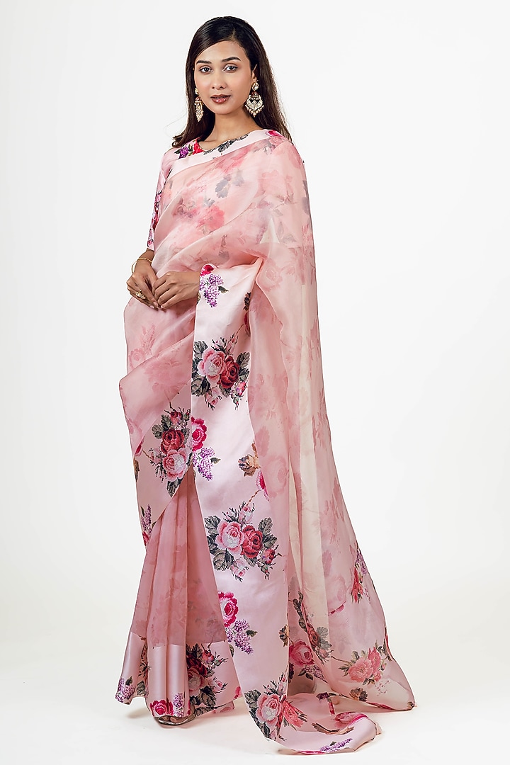 Pink Organza Floral Printed Party Wear Saree Set by Studio 113 at Pernia's Pop Up Shop