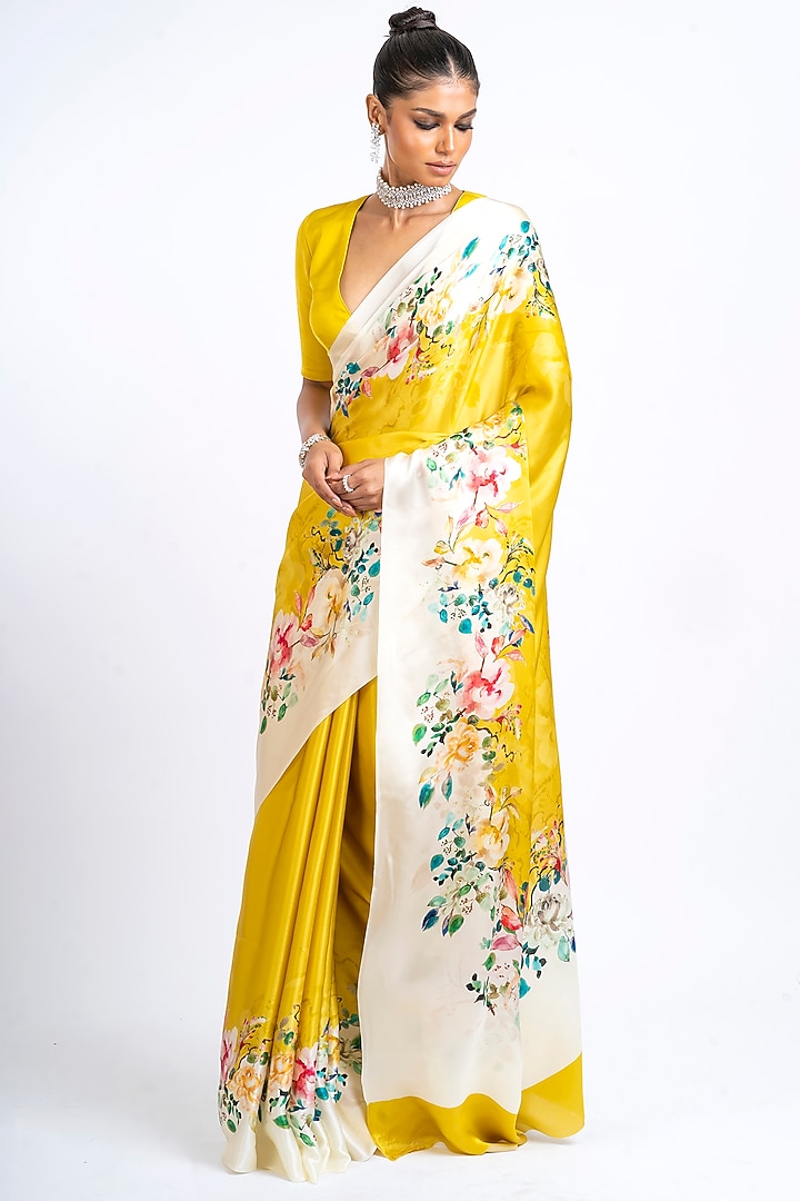 Yellow Pure Satin Silk Floral Party Wear Saree by Studio 113 at Pernia's Pop Up Shop