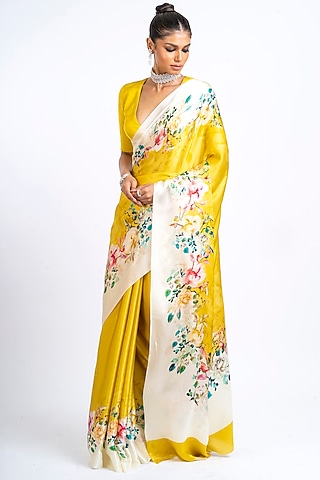 Yellow Pure Satin Silk Floral Saree by Studio 113
