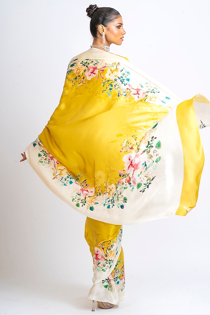 Yellow Pure Satin Silk Floral Party Wear Saree by Studio 113 at Pernia's Pop Up Shop