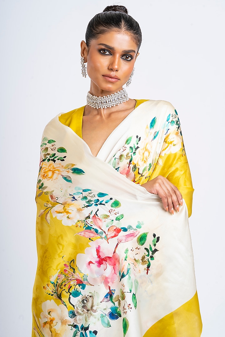Yellow Pure Satin Silk Floral Party Wear Saree by Studio 113 at Pernia's Pop Up Shop