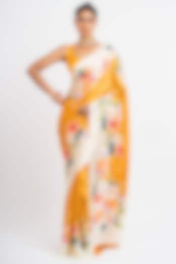 Orange Pure Satin Silk Floral Party Wear Saree by Studio 113 at Pernia's Pop Up Shop