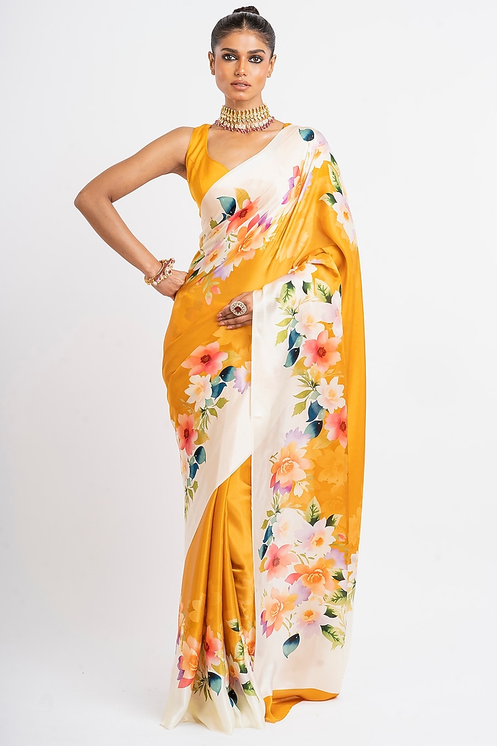 Orange Pure Satin Silk Floral Party Wear Saree by Studio 113 at Pernia's Pop Up Shop