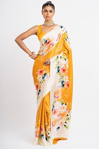 Orange Pure Satin Silk Floral Saree by Studio 113