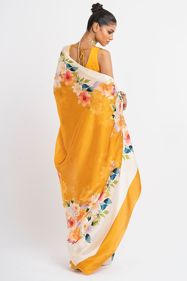Orange Pure Satin Silk Floral Party Wear Saree by Studio 113 at Pernia's Pop Up Shop