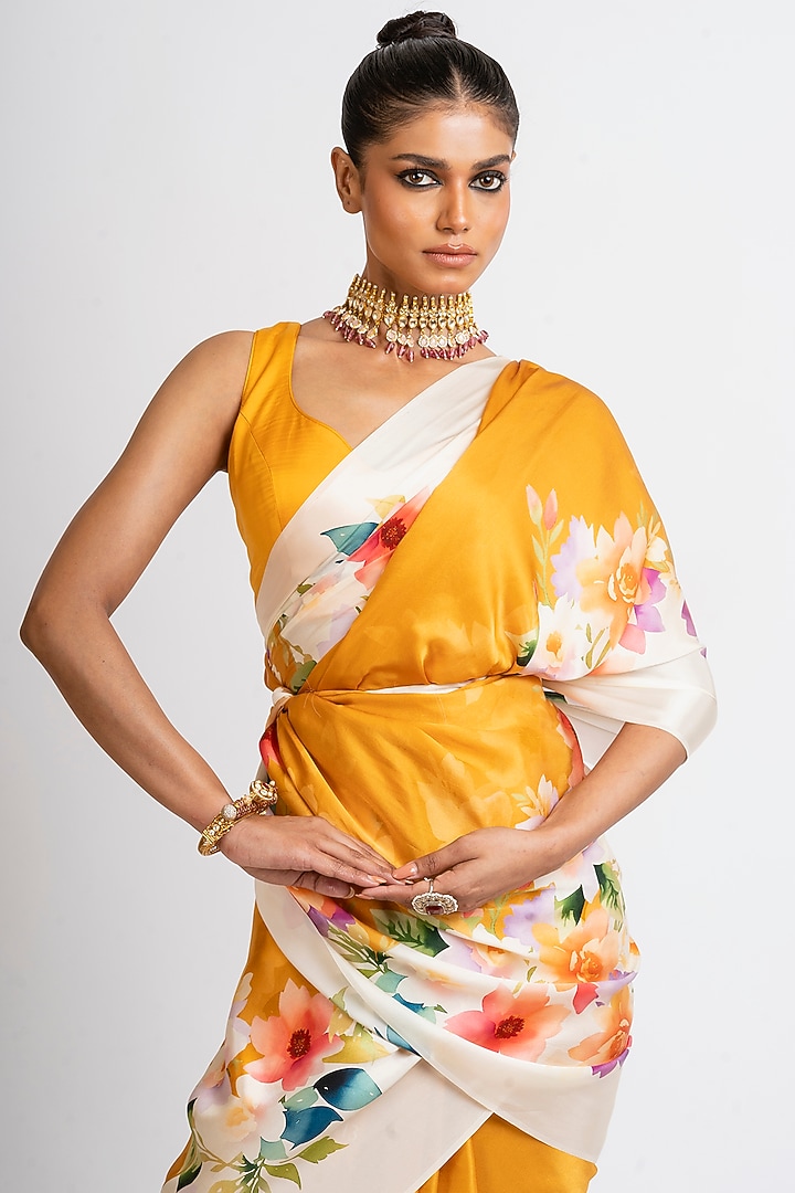 Orange Pure Satin Silk Floral Party Wear Saree by Studio 113 at Pernia's Pop Up Shop