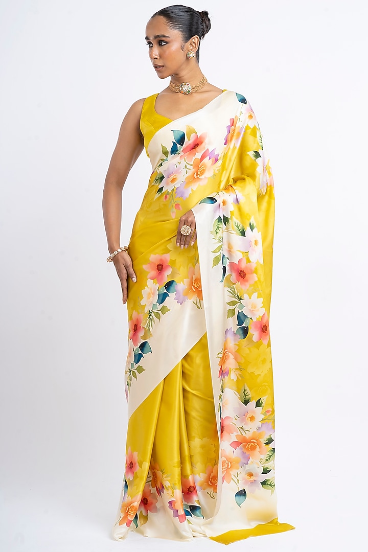 Yellow Pure Satin Silk Floral Party Wear Saree by Studio 113 at Pernia's Pop Up Shop