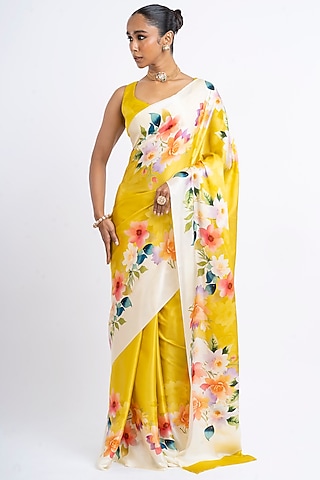 Yellow Pure Satin Silk Floral Saree by Studio 113
