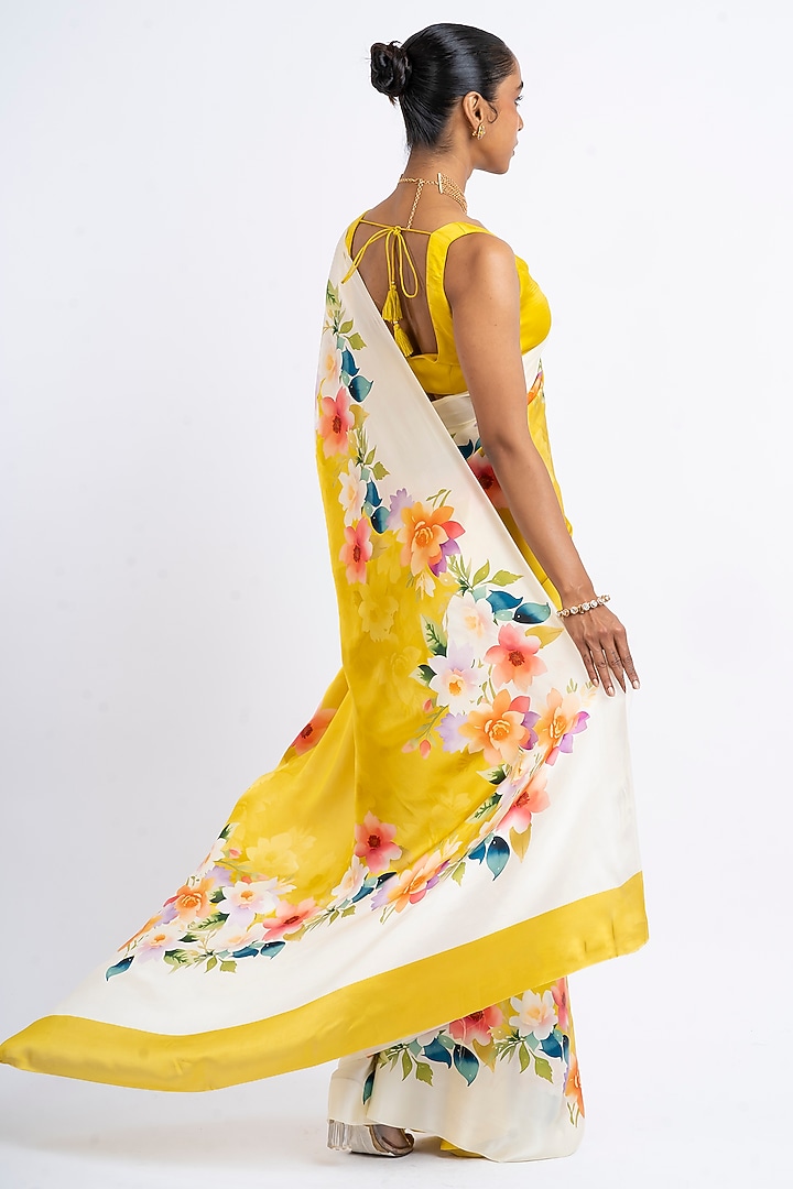 Yellow Pure Satin Silk Floral Party Wear Saree by Studio 113 at Pernia's Pop Up Shop
