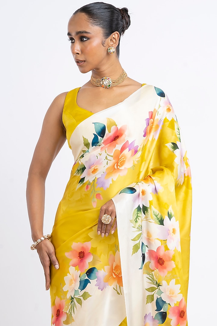 Yellow Pure Satin Silk Floral Party Wear Saree by Studio 113 at Pernia's Pop Up Shop
