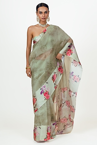 Mist Green Organza Floral Printed Saree Set by Studio 113
