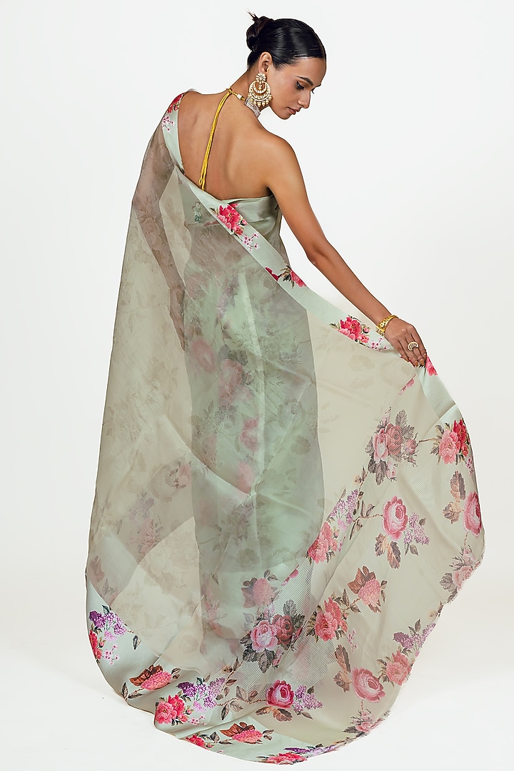 Mist Green Organza Floral Printed Party Wear Saree Set by Studio 113 at Pernia's Pop Up Shop