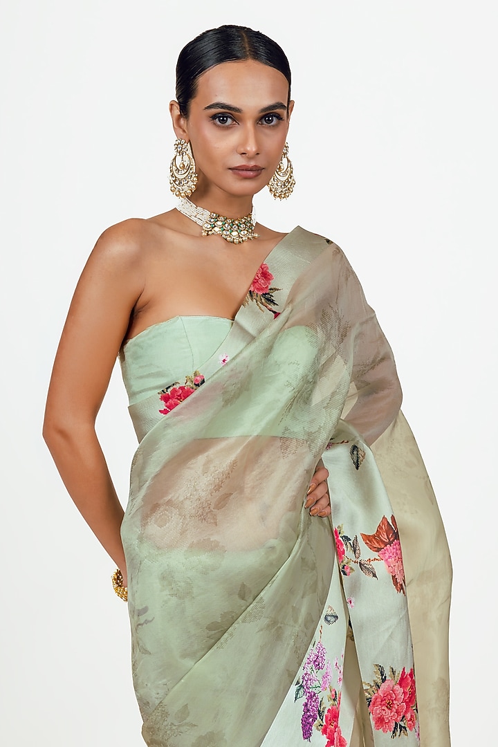 Mist Green Organza Floral Printed Party Wear Saree Set by Studio 113 at Pernia's Pop Up Shop