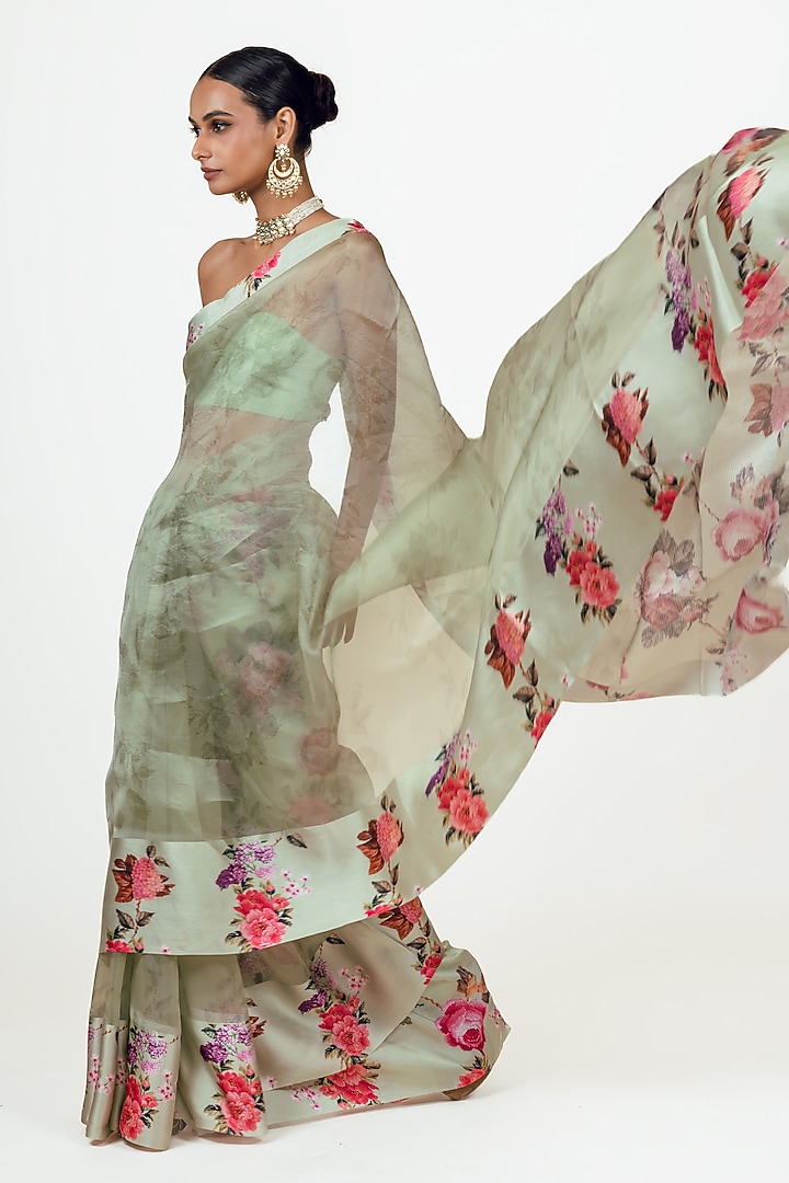 Mist Green Organza Floral Printed Party Wear Saree Set by Studio 113 at Pernia's Pop Up Shop