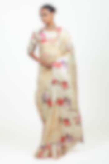 Ivory Organza Floral Printed Party Wear Saree Set by Studio 113 at Pernia's Pop Up Shop