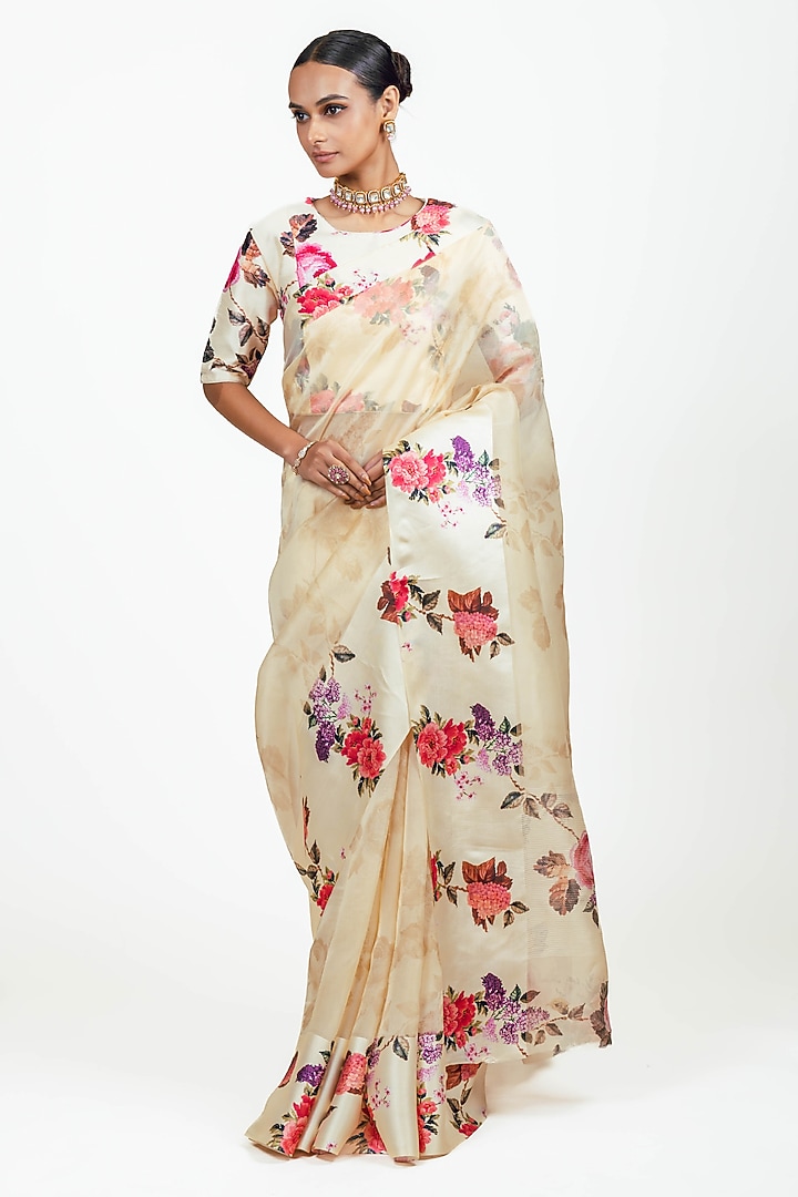 Ivory Organza Floral Printed Party Wear Saree Set by Studio 113 at Pernia's Pop Up Shop