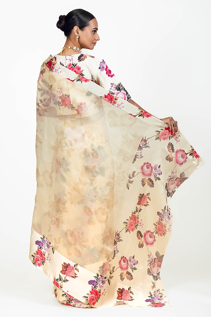 Ivory Organza Floral Printed Party Wear Saree Set by Studio 113 at Pernia's Pop Up Shop
