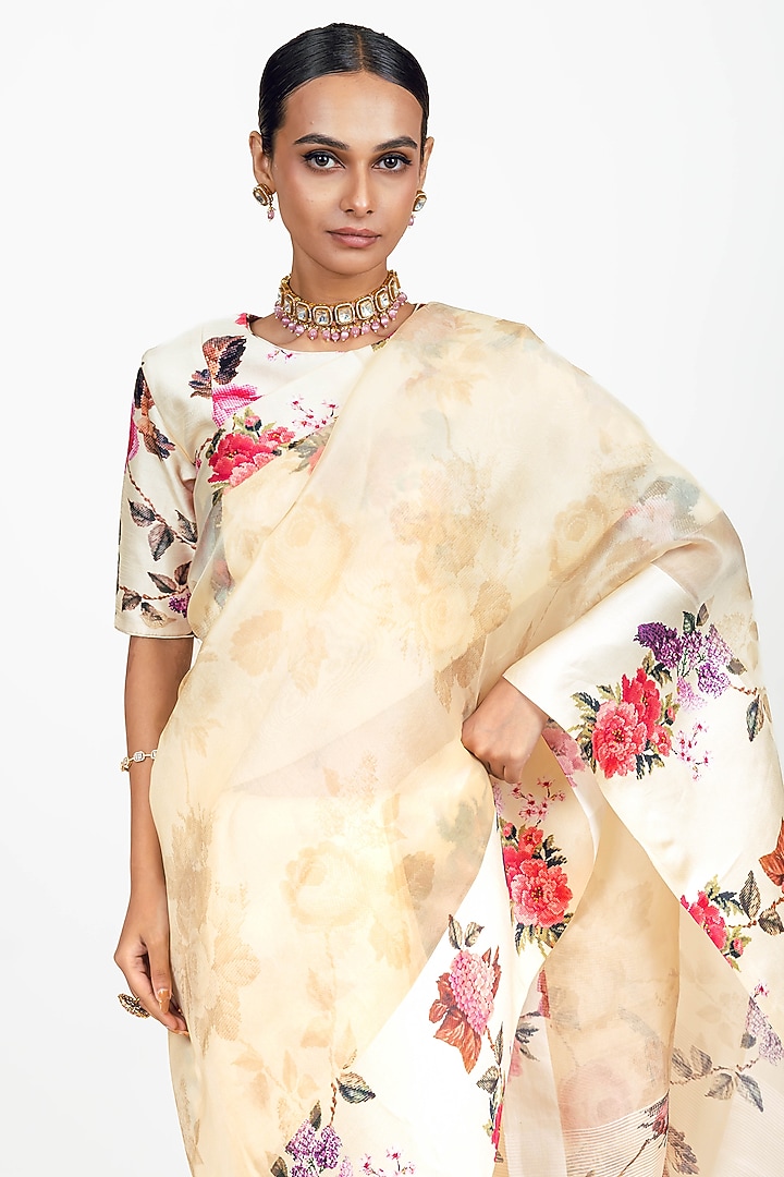 Ivory Organza Floral Printed Party Wear Saree Set by Studio 113 at Pernia's Pop Up Shop