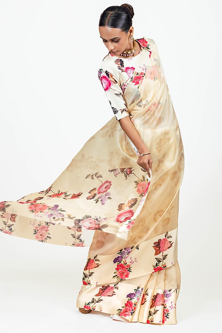 Ivory Organza Floral Printed Party Wear Saree Set by Studio 113 at Pernia's Pop Up Shop
