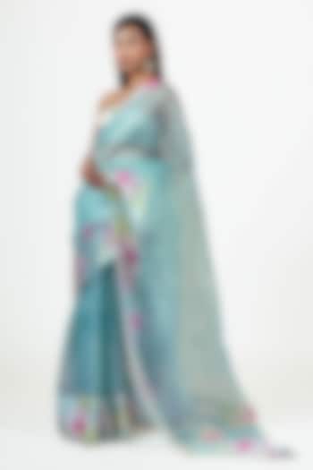 Blue Organza Digital Printed Party Wear Saree Set by Studio 113 at Pernia's Pop Up Shop