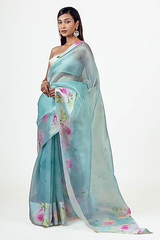 Blue Organza Digital Printed Saree Set by Studio 113
