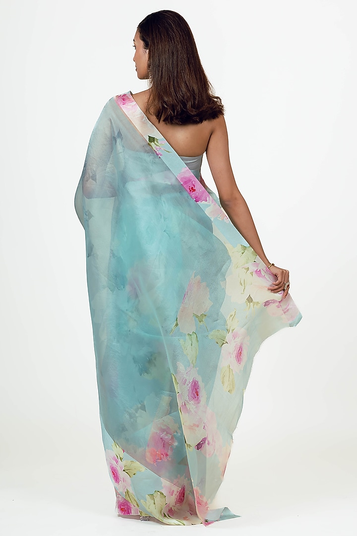 Blue Organza Digital Printed Party Wear Saree Set by Studio 113 at Pernia's Pop Up Shop