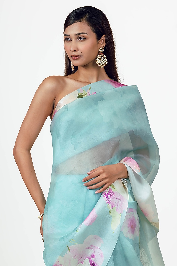 Blue Organza Digital Printed Party Wear Saree Set by Studio 113 at Pernia's Pop Up Shop