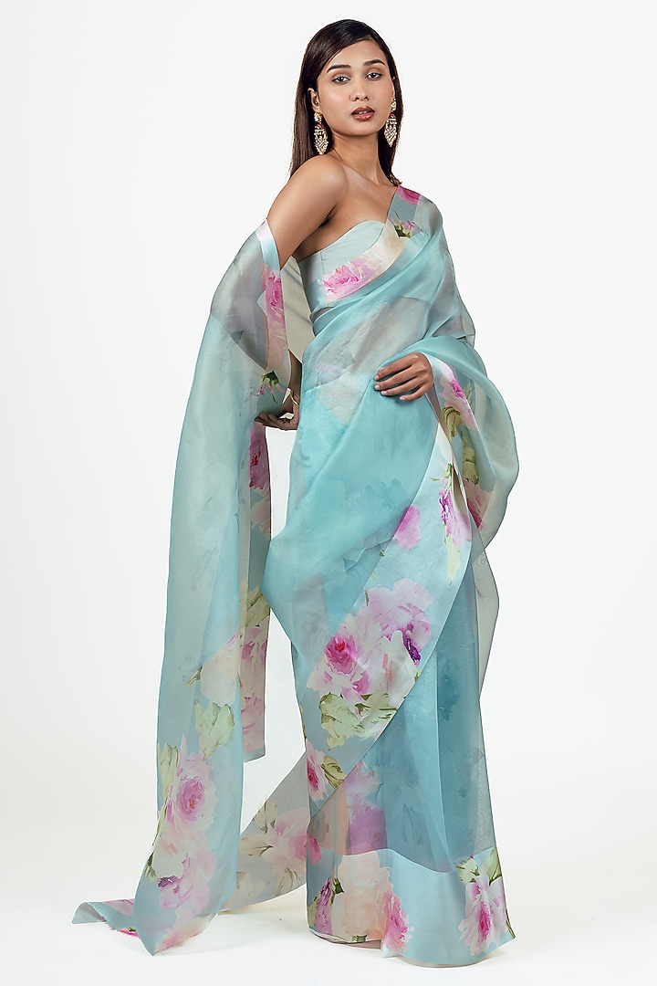 Blue Organza Digital Printed Party Wear Saree Set by Studio 113 at Pernia's Pop Up Shop