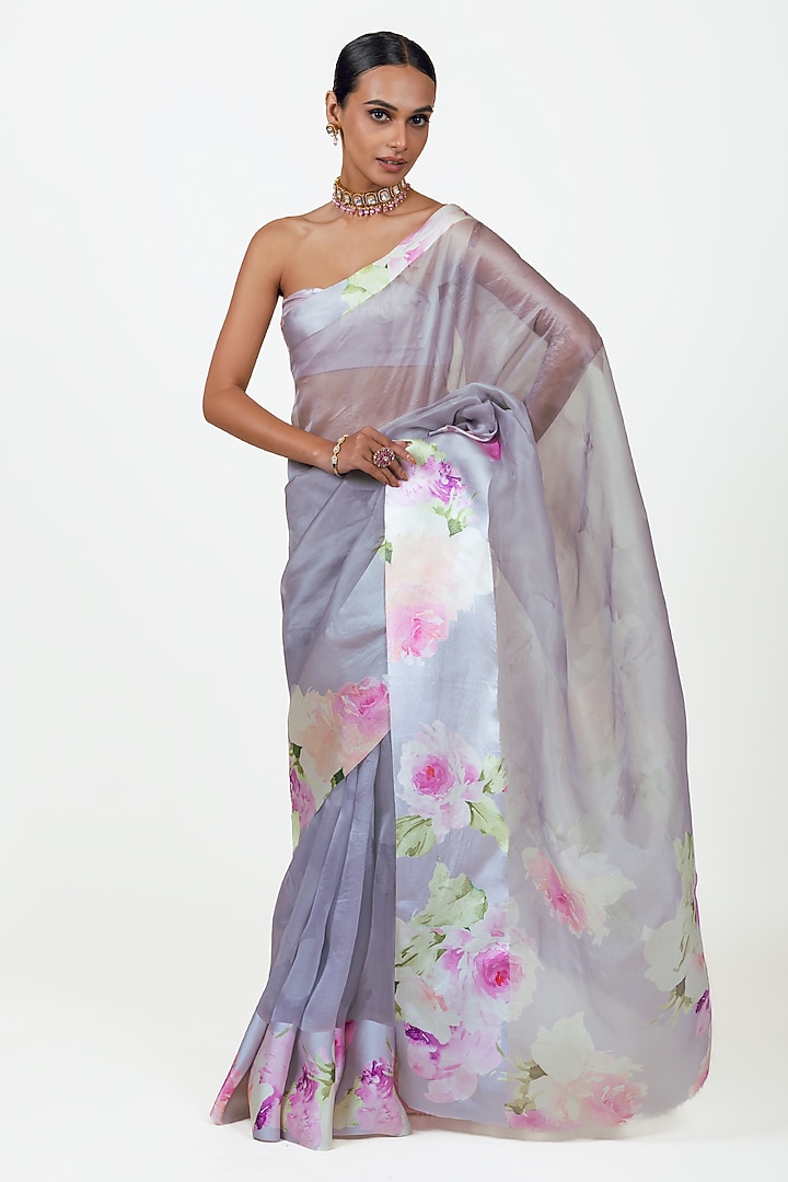 Lavender Organza Digital Printed Party Wear Saree Set by Studio 113 at Pernia's Pop Up Shop