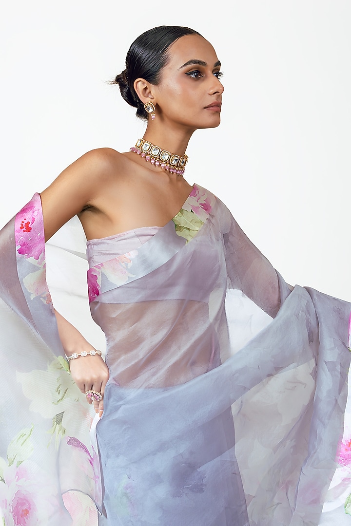 Lavender Organza Digital Printed Party Wear Saree Set by Studio 113 at Pernia's Pop Up Shop