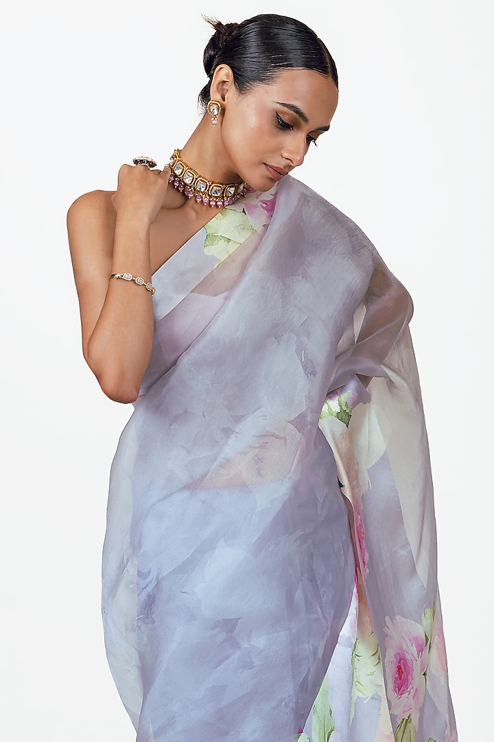 Lavender Organza Digital Printed Party Wear Saree Set by Studio 113 at Pernia's Pop Up Shop
