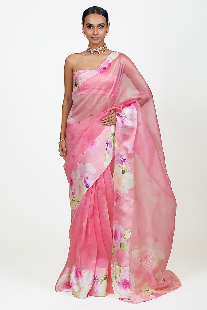 Pink Organza Digital Printed Party Wear Saree Set by Studio 113 at Pernia's Pop Up Shop