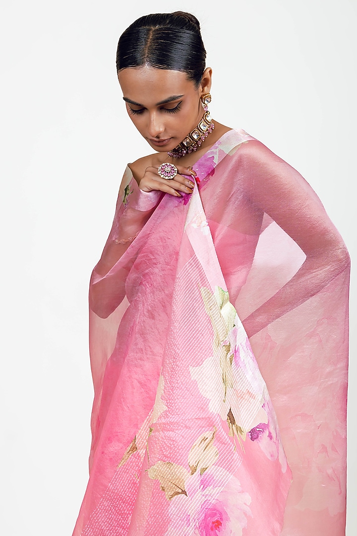 Pink Organza Digital Printed Party Wear Saree Set by Studio 113 at Pernia's Pop Up Shop