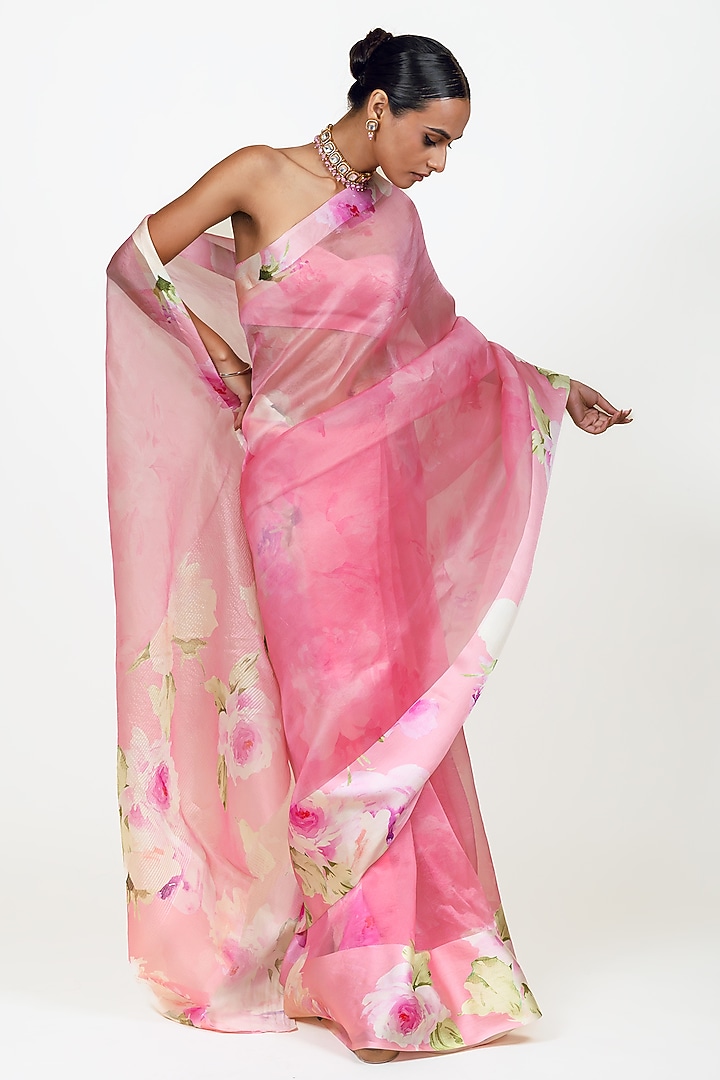 Pink Organza Digital Printed Party Wear Saree Set by Studio 113 at Pernia's Pop Up Shop