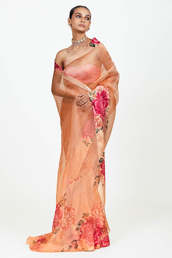 Peach Organza Digital Printed Party Wear Saree Set by Studio 113 at Pernia's Pop Up Shop
