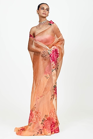 Peach Organza Digital Printed Saree Set by Studio 113