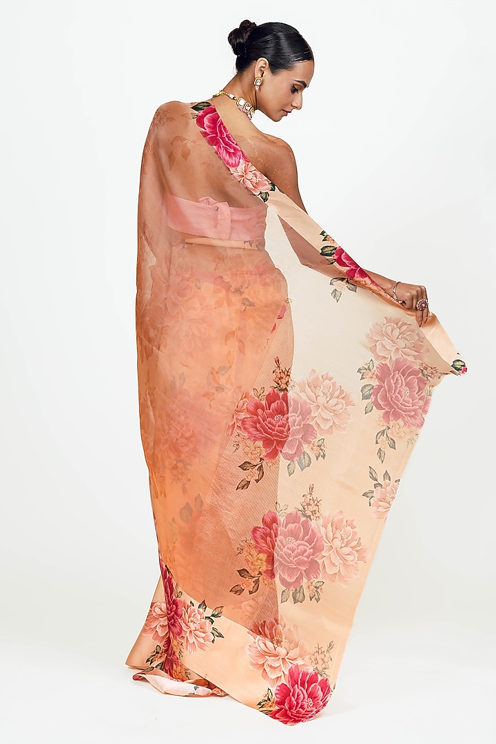Peach Organza Digital Printed Party Wear Saree Set by Studio 113 at Pernia's Pop Up Shop