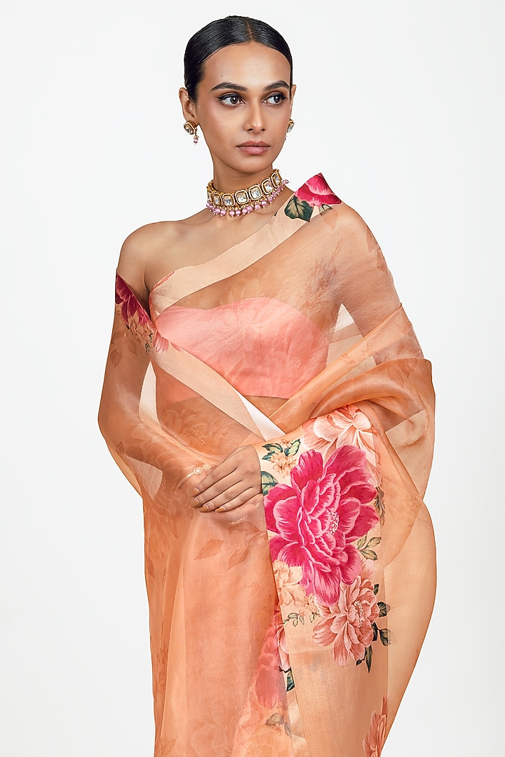Peach Organza Digital Printed Party Wear Saree Set by Studio 113 at Pernia's Pop Up Shop
