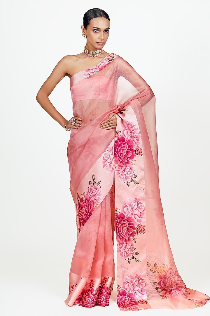 Pink Organza Digital Printed Party Wear Saree Set by Studio 113 at Pernia's Pop Up Shop