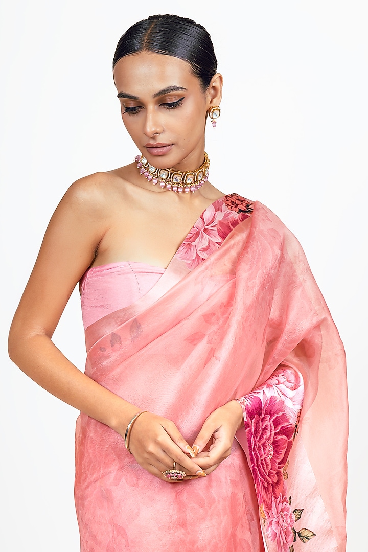 Pink Organza Digital Printed Party Wear Saree Set by Studio 113 at Pernia's Pop Up Shop