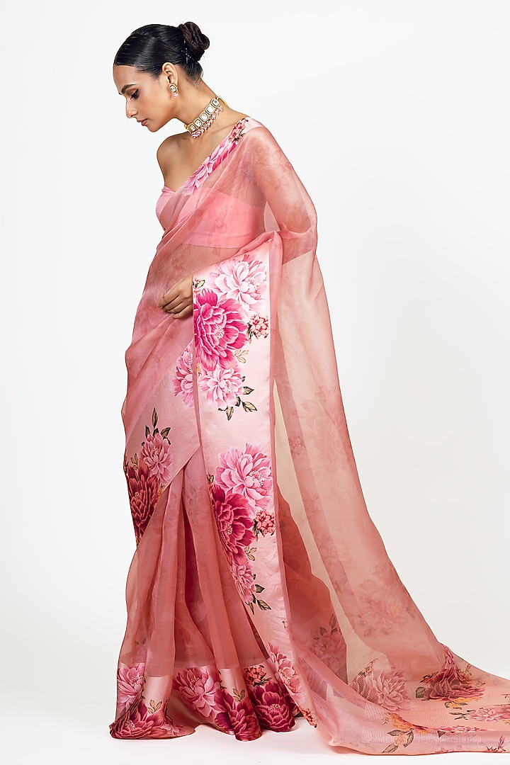 Pink Organza Digital Printed Party Wear Saree Set by Studio 113 at Pernia's Pop Up Shop