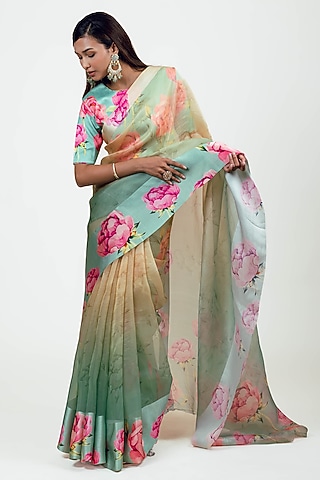 Aqua-Yellow Organza Saree Set by Studio 113