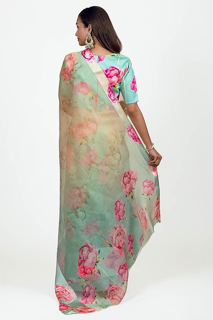 Aqua-Yellow Organza Party Wear Saree Set by Studio 113 at Pernia's Pop Up Shop