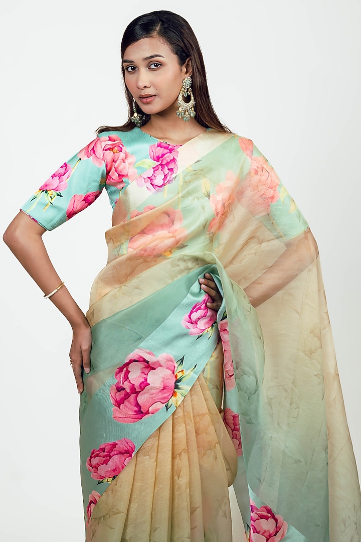 Aqua-Yellow Organza Party Wear Saree Set by Studio 113 at Pernia's Pop Up Shop