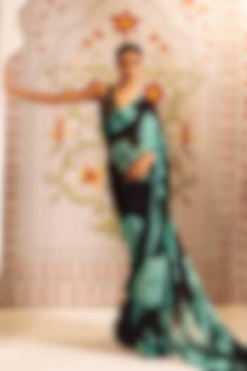Black Pure Satin Silk Floral Printed Party Wear Saree by Studio 113 at Pernia's Pop Up Shop