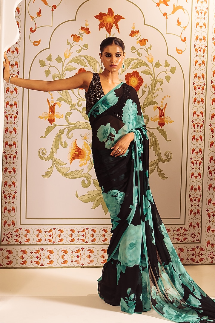 Black Pure Satin Silk Floral Printed Party Wear Saree by Studio 113 at Pernia's Pop Up Shop
